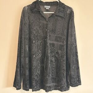Velvet Burnout Whimsigoth Blouse Sz XL Black Paisley Textured  Sheer Button Up